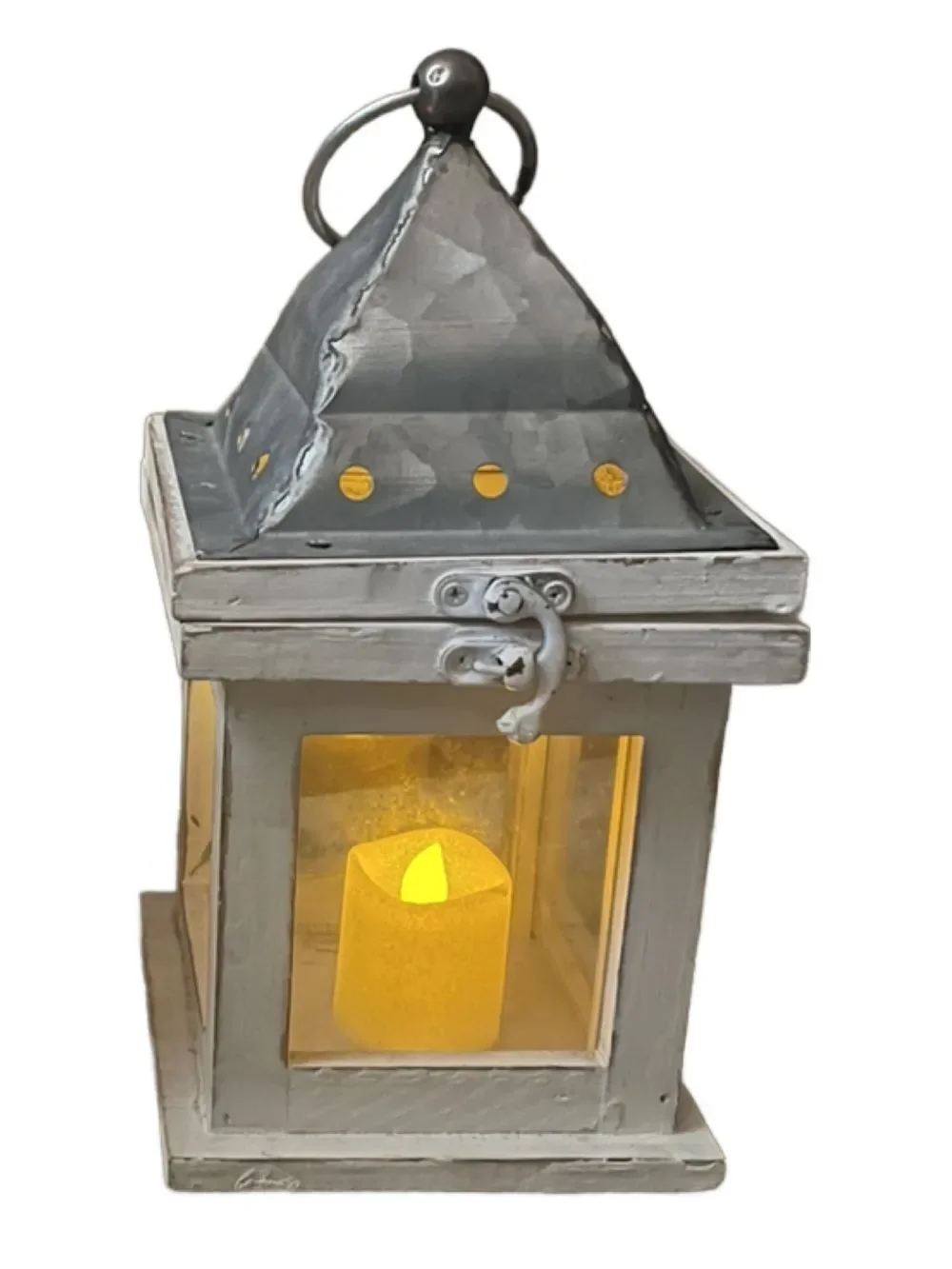 Rustic White Metal Lantern Pair with Glittery LED Candles